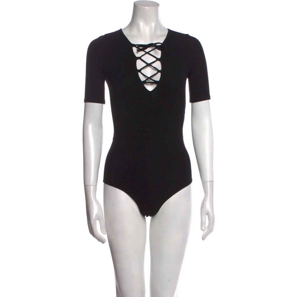 Reformation Black Bodysuit Three Quarter Sleeves Tie Bust Lace Up Size XS